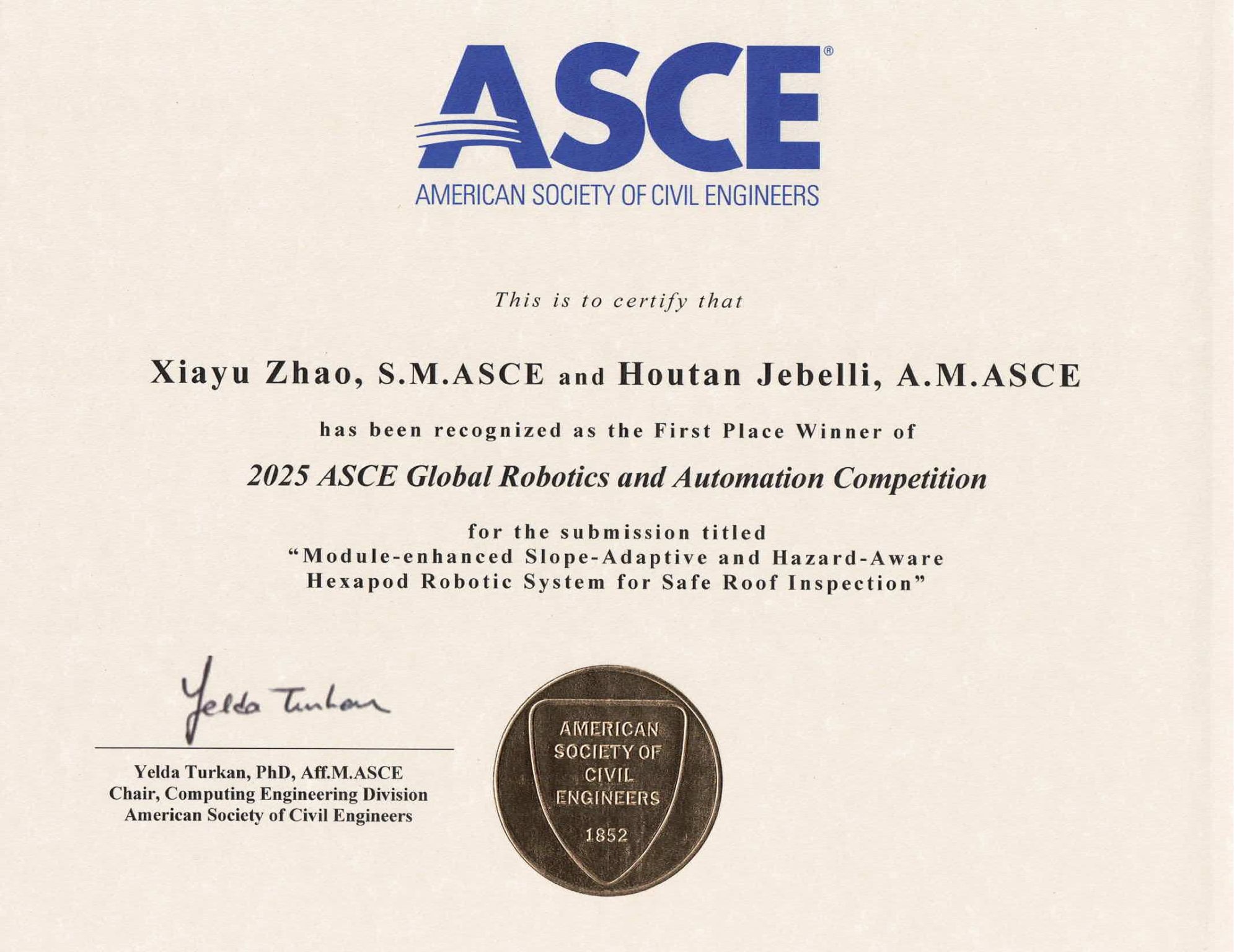 ASCE First Place Certificate